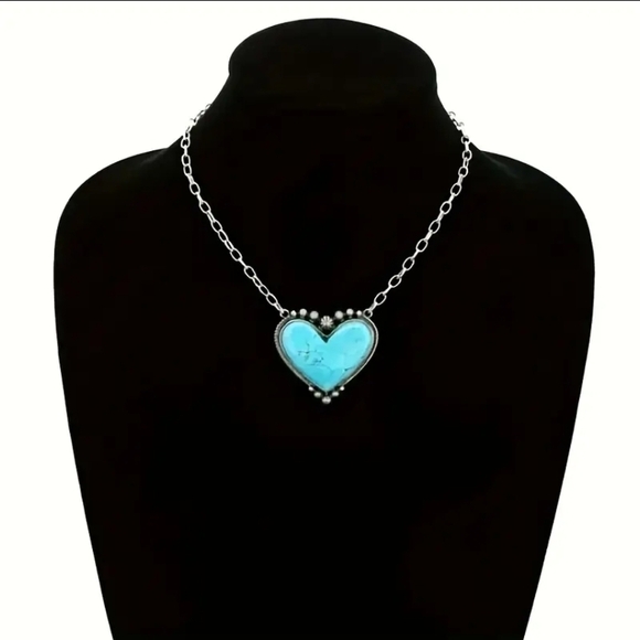 Western Necklace Turquoise Heart Pendant Necklace Cowboy Style Southwestern - Picture 3 of 4
